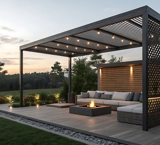 Pergola Bioclimatique et Salon Extérieur Design au Crépuscule Terrasse moderne avec pergola bioclimatique, mobilier d'extérieur luxueux, foyer central et éclairage d'ambiance au crépuscule.