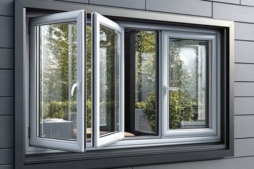 Fenêtre PVC Oscillo-Battante Moderne Vue Jardin Fenêtre oscillo-battante blanche et grise moderne encastrée dans un mur extérieur gris texturé, vue sur un feuillage vert.