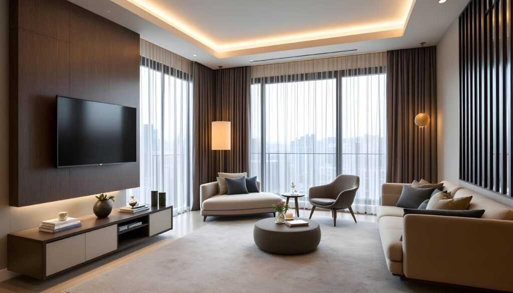 Salon Contemporain : Luxe, Bois Sombre et Lumière Douce Salon moderne et luxueux avec murs en bois sombre, éclairage indirect au plafond, canapés clairs et grandes fenêtres voilées offrant une vue urbaine.